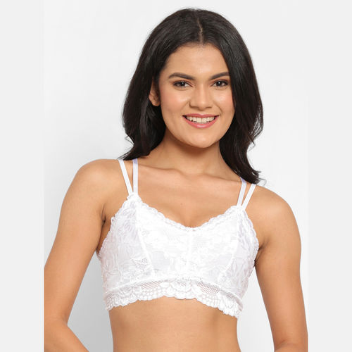 N-Gal Polyester Spandex Lace Strappy BackNon Padded Crop Top Bralette Slip  On Bra - White (S)