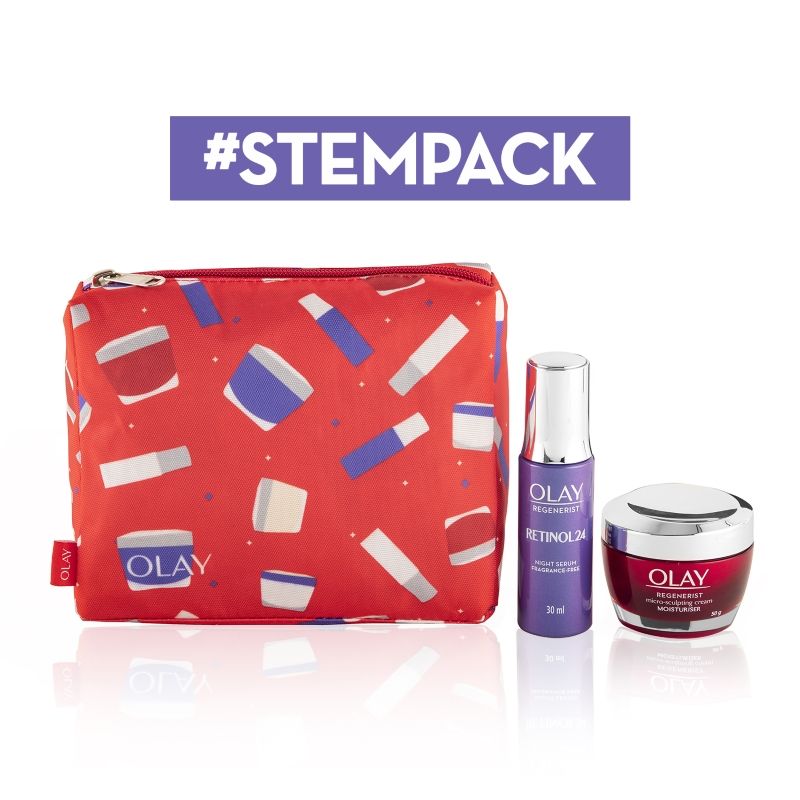 Olay Stempack With Regenerist Cream & Retinol Serum - Round The Clock Skincare Pack With Free Pouch