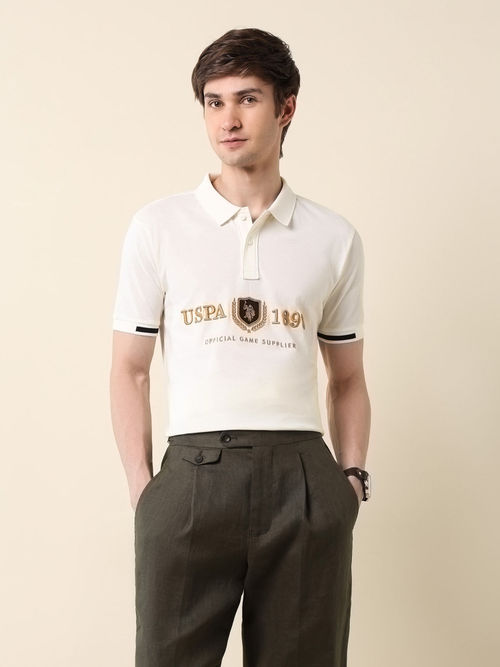 POLO Men White Cotton Collar Neck Slim Fit Polo T-Shirt