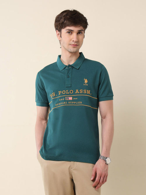 POLO Men Green Cotton Collar Neck Slim Fit Polo T-Shirt