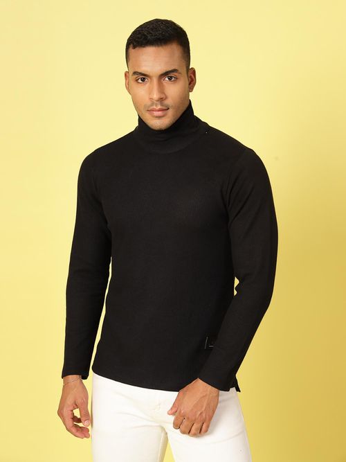 RIGO Men Black Waffle Knit Turtle Neck T-Shirt