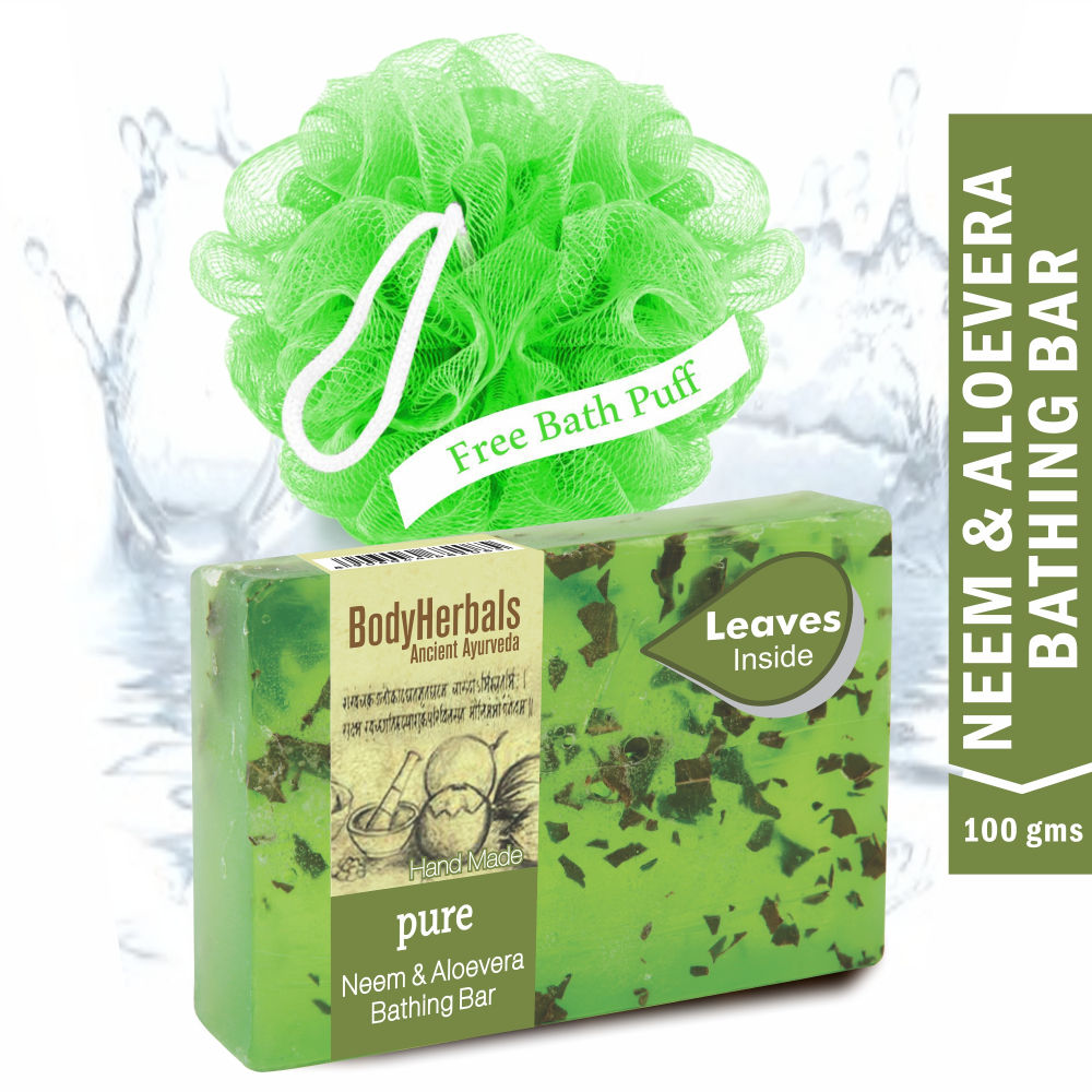 BodyHerbals Pure, Hand Made Neem & Aloevera Bathing Bar With Natural Leaves