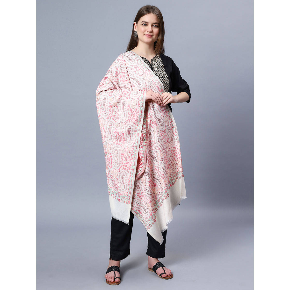 Aditi Wasan Women White Viscose Stole with Multi Color Paisley & Floral Jacquard Pattern