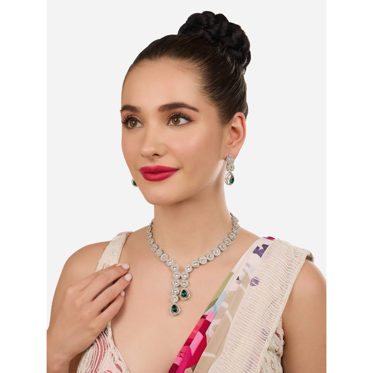 Zaveri Pearls Green and White Austrian Diamonds Contemporary Necklace with Earring (Set of 2)