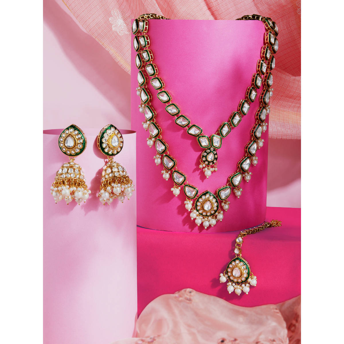 Zaveri Pearls Green Meenakari Stones Beads Necklace with Earring and Maangtikka (Set of 3)