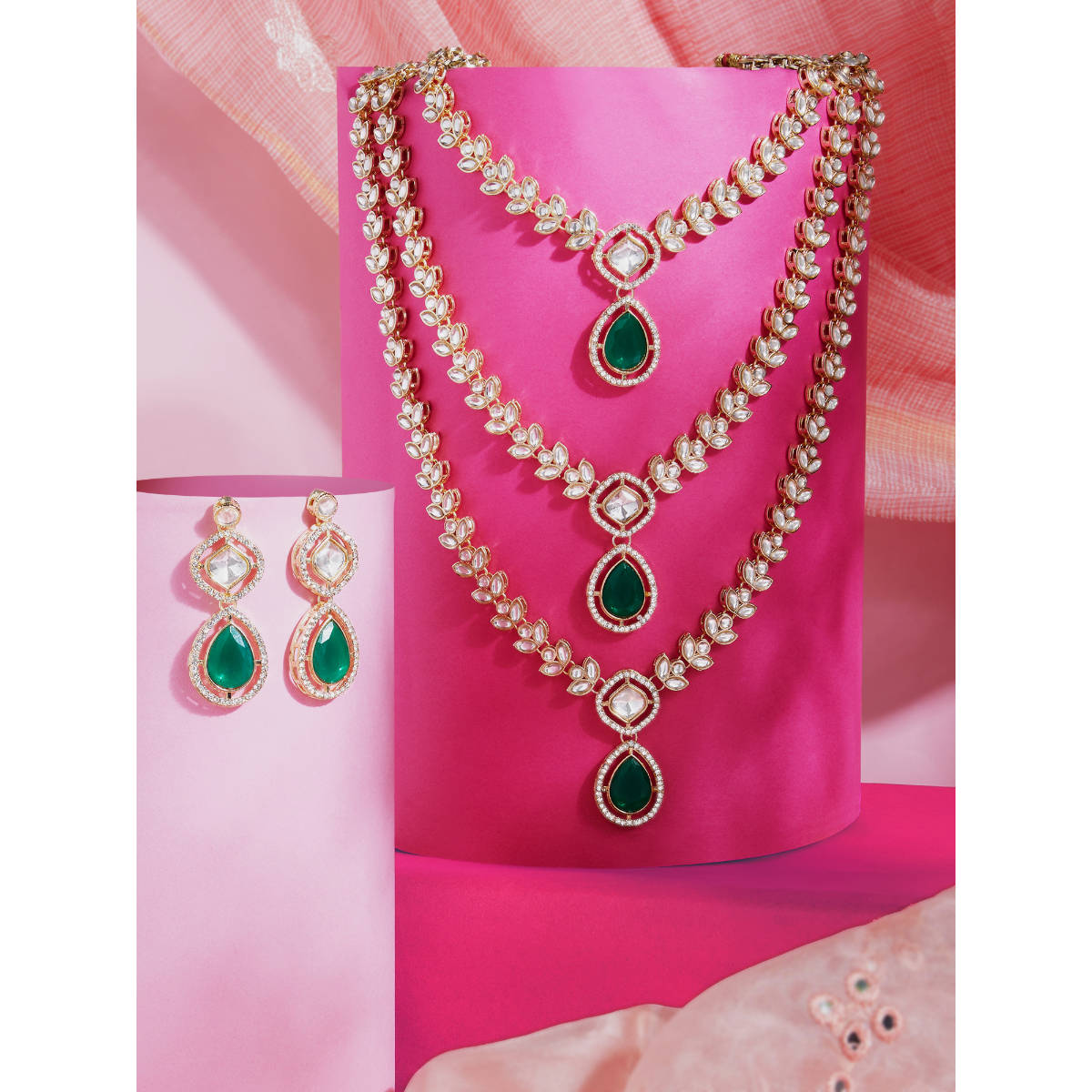 Zaveri Pearls Green and White Stones Austrian Diamonds Layered Necklace with Earring (Set of 2)