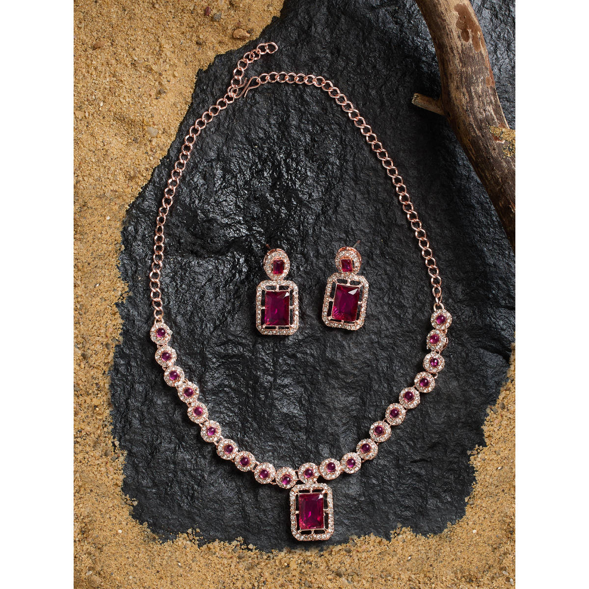Zaveri Pearls Pink and White Stones Austrian Diamonds Minimal Necklace with Earring (Set of 2)