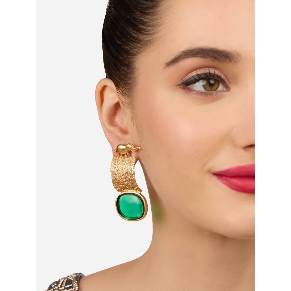 Zaveri Pearls Green Stone Embellished Elephant Design Drop Earring