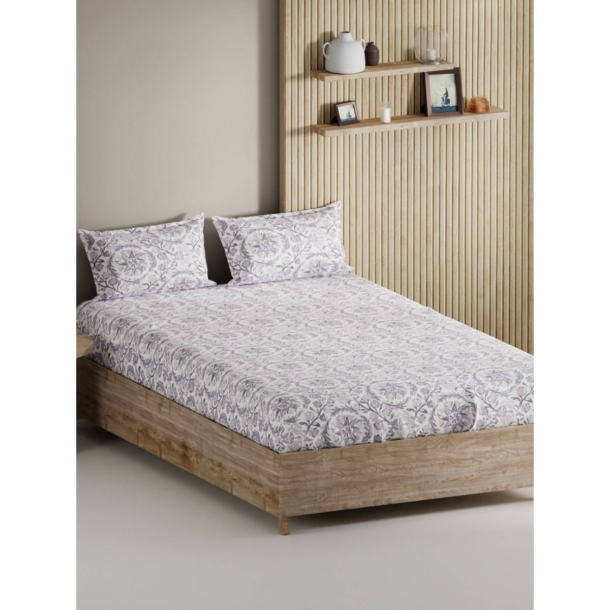 BIANCA King Size Bedsheet with Pillow Covers (Set of 3) (Palladium) Floral-Lavender