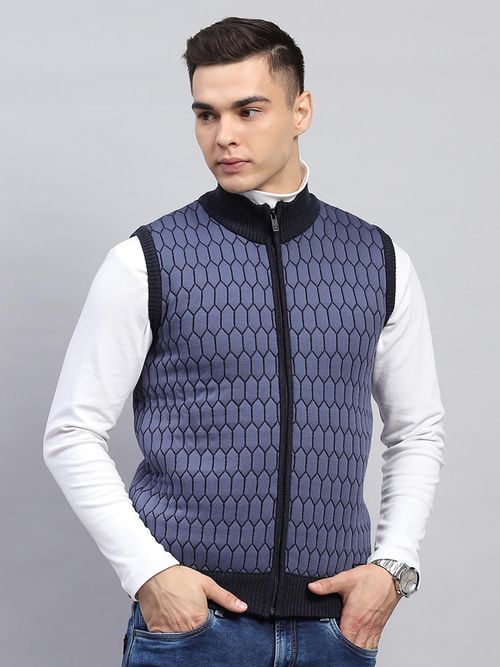 Monte Carlo Men Geometric Navy Blue High Neck Sleeveless Jacket