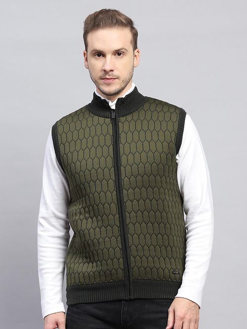 Buy Monte Carlo Men Geometric Olive High Neck Sleeveless Jacket Online