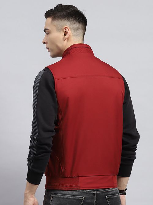 Buy Monte Carlo Men Maroon Solid High Neck Sleeveless Jacket Online