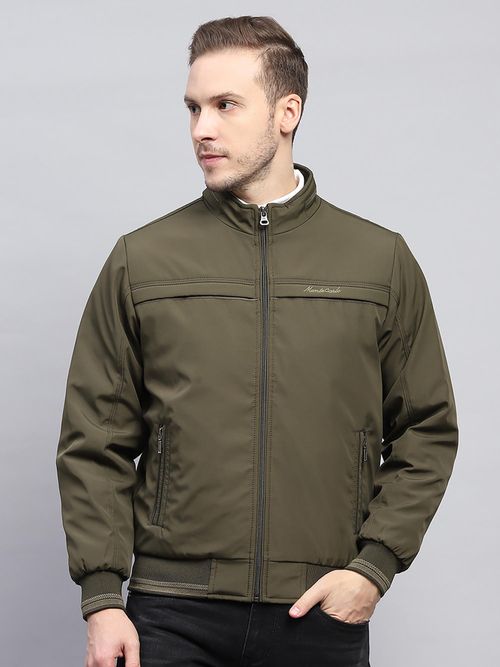 Monte Carlo Men Solid Olive High Neck Full Sleeve Jacket