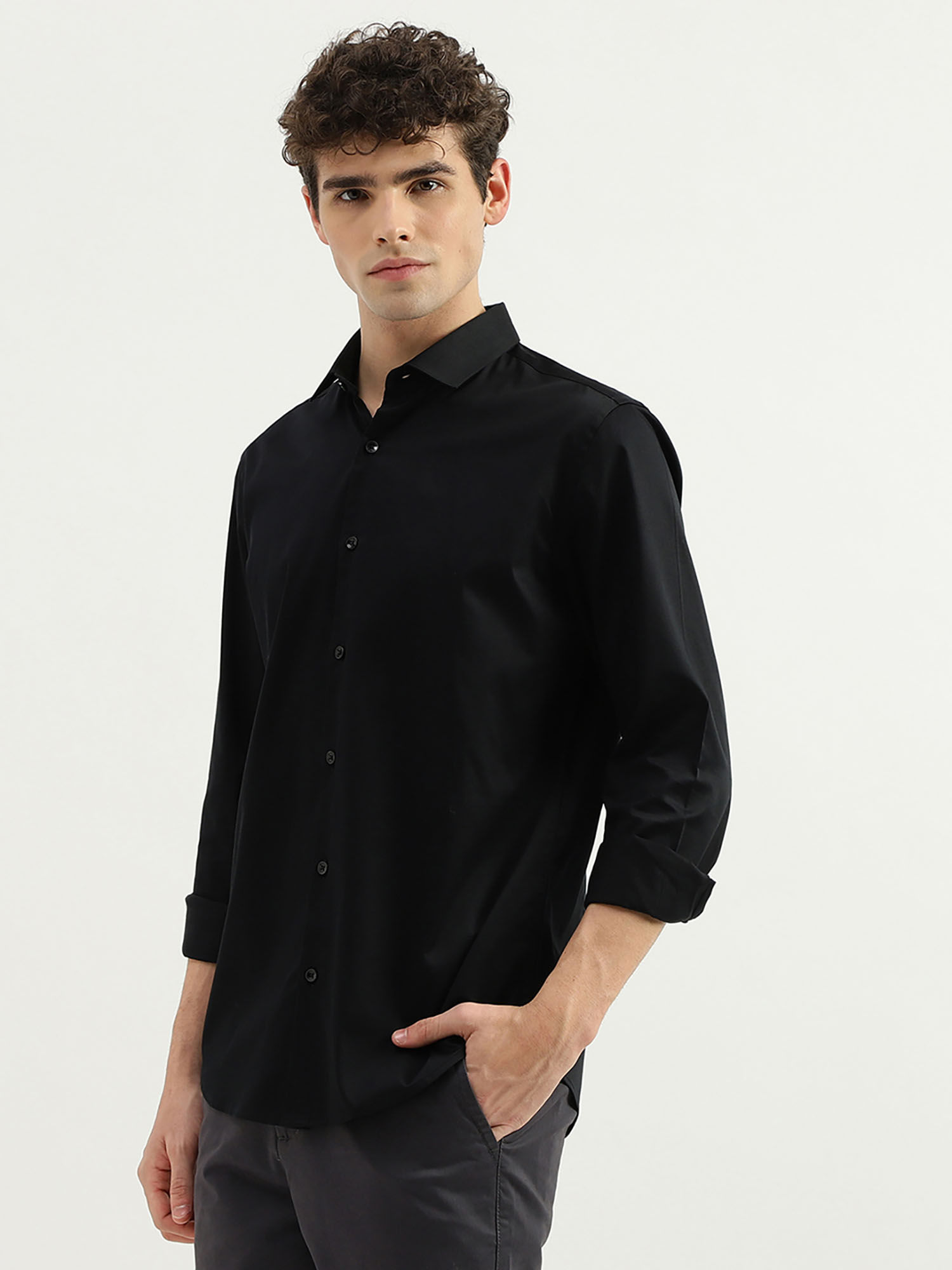 Buy United Colors of Benetton Black Slim Fit Spread Collar Solid Shirt ...