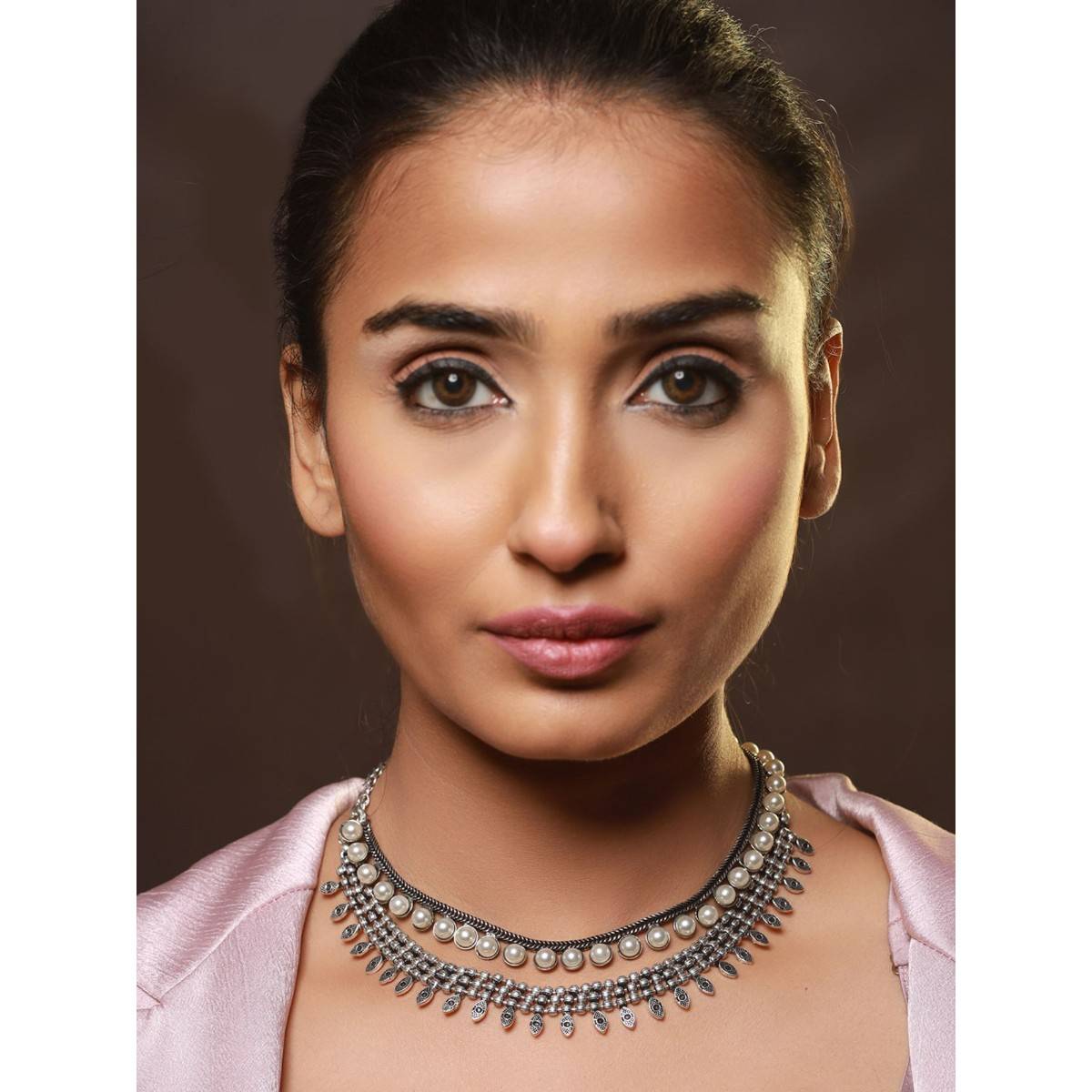 Aatmana Oxidised Silver Tone Pearl Studded & Evil Eye Necklace (Set of 2)