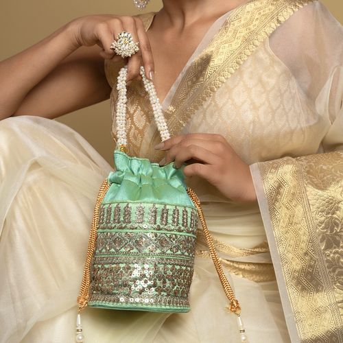 Potli Bag With Saree Buy Teejh Royal Affair Pista Green