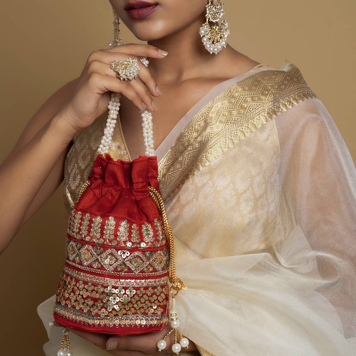 Teejh Royal Affair Flaming Red Embroidered Potli Bag