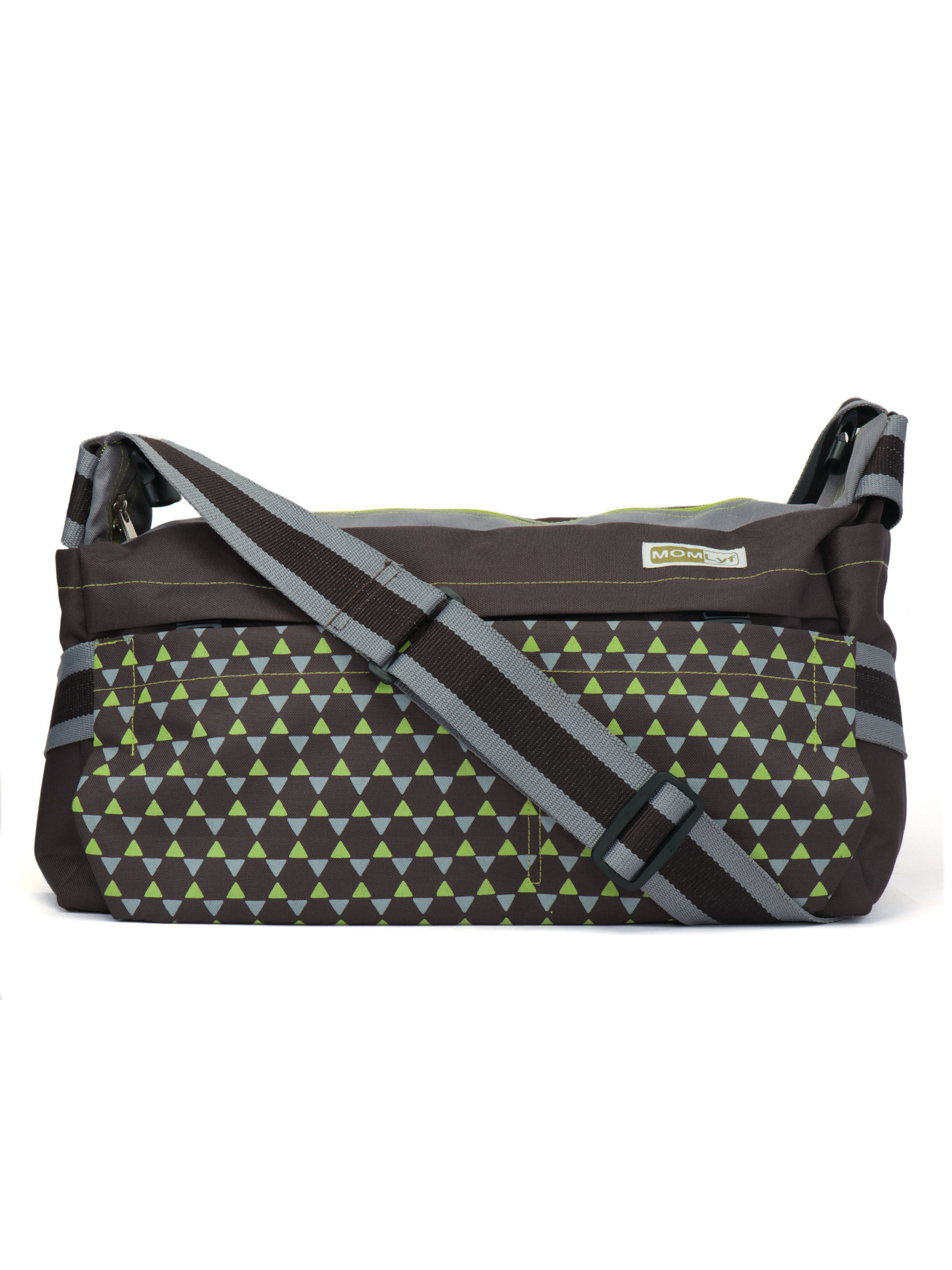 MomLyf Mia Brown And Green Printed Polyester Diaper Bag With Changing Mat And Bottle Cover