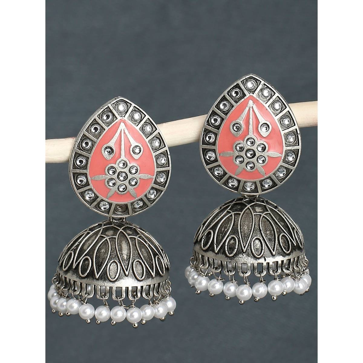 OOMPH Oxidised Silver Pink Meenakari & Kundan Ethnic Large Jhumka Earrings