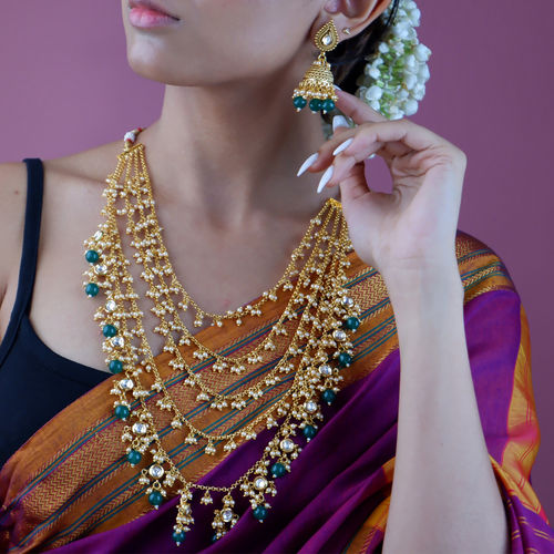 Fida Wedding Handmade Bridal Ethnic Gold -Plated Emerald Green Stone  Multi-Layered Jewellery Set