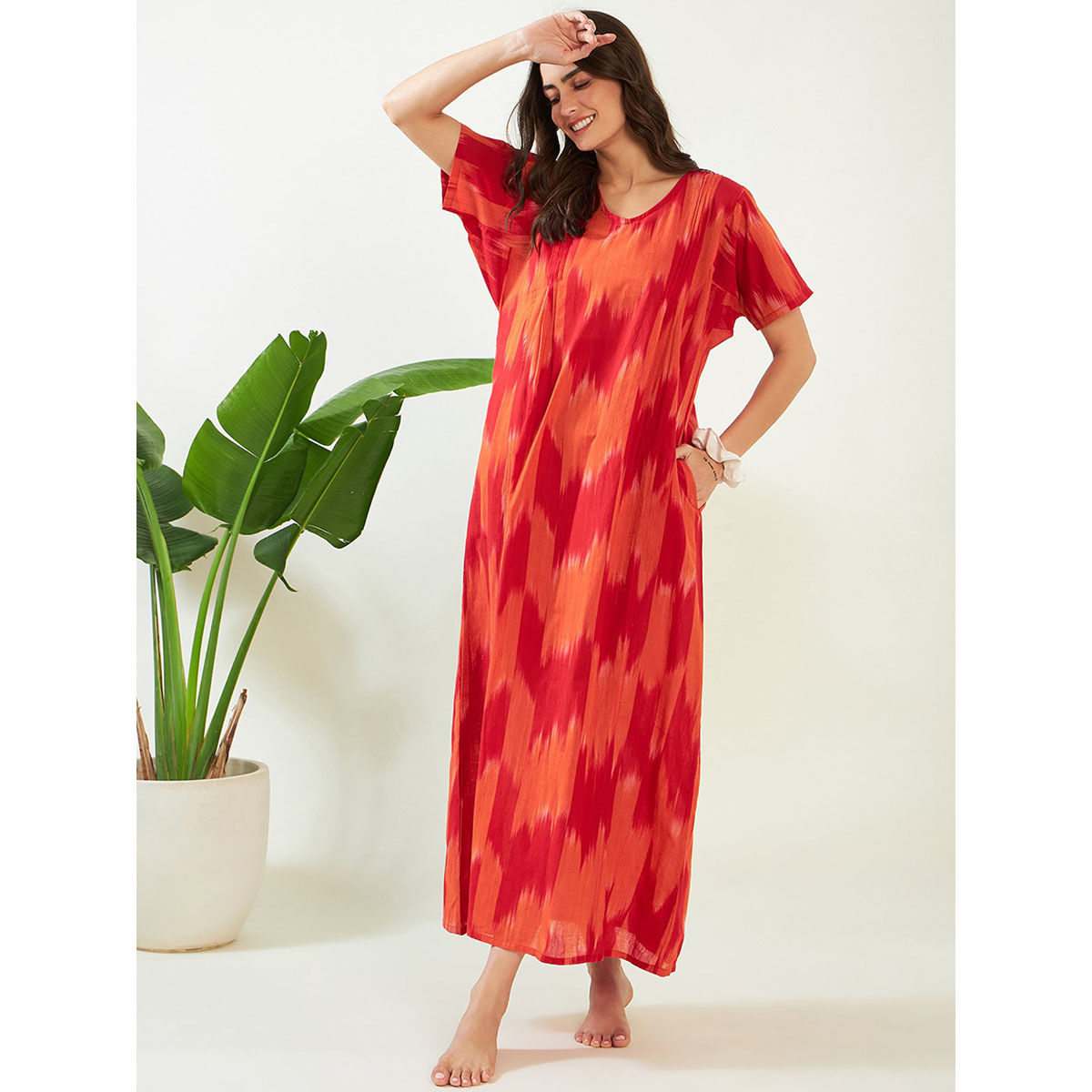 Buy The Kaftan Company Orange Handloom Ikat Cotton Nightdress Online