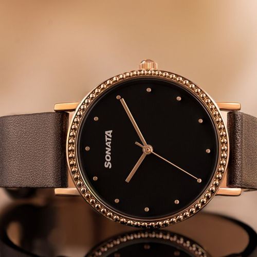 Buy Sonata Women Black Dial Leather Watch 87066WL01 (M) Online