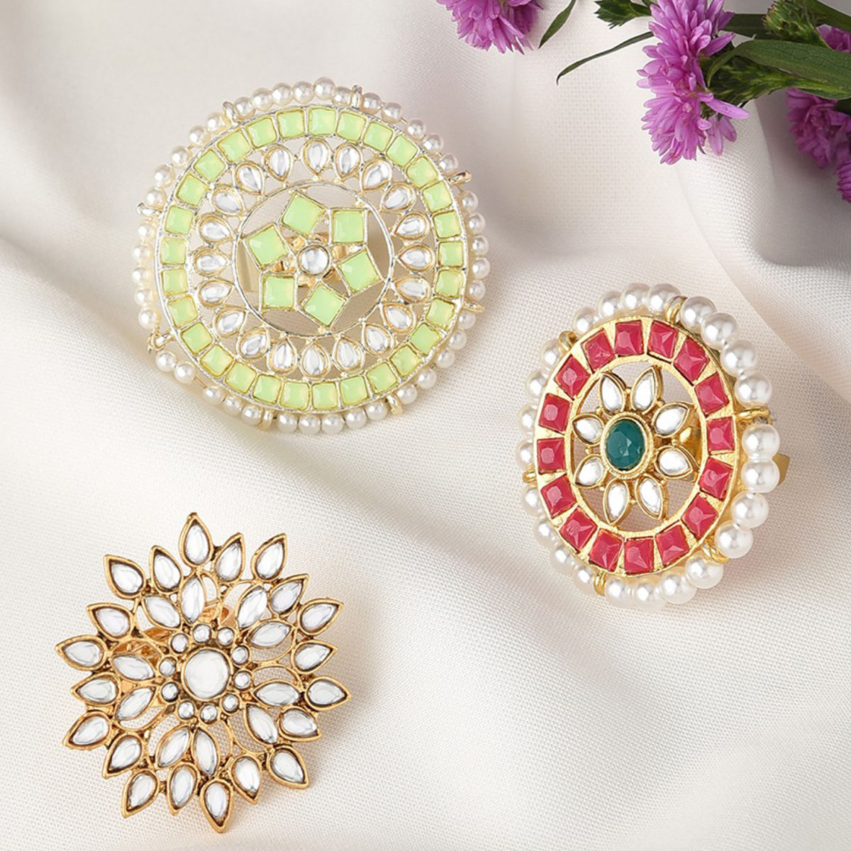 Zaveri Pearls Set Of 3 Wedding Collection Adjustable Finger Rings-ZPFK11494