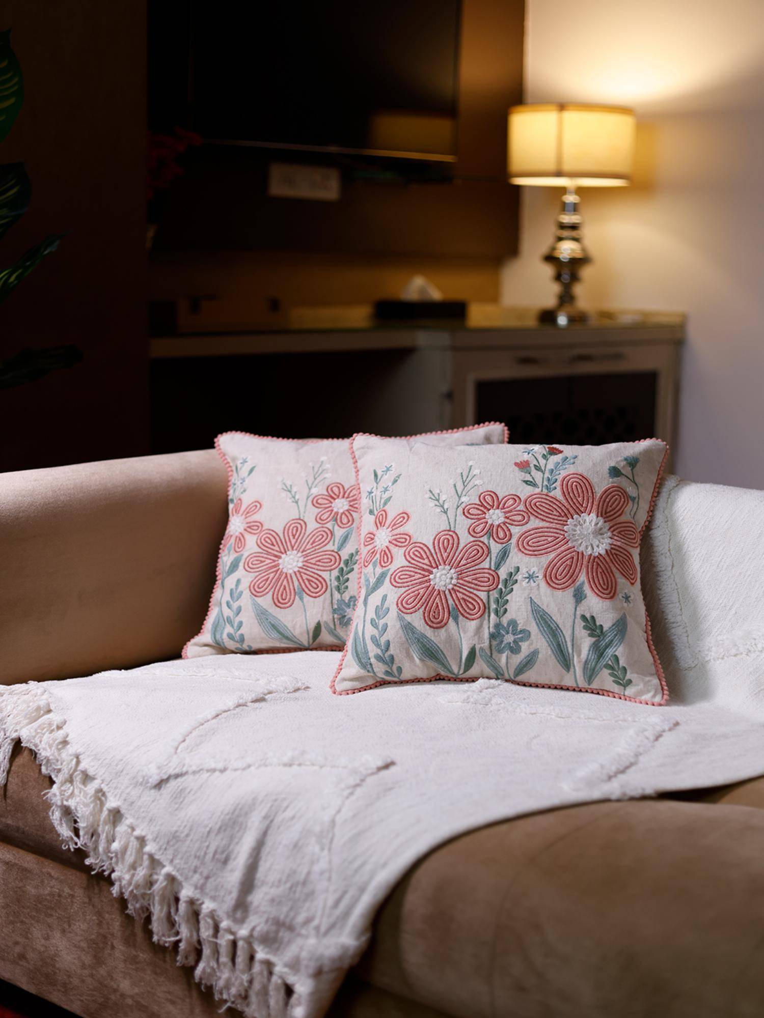 BELIHODE Peach Roseate Reverie Floral Embroidered Cushion Covers (16x16 inches)