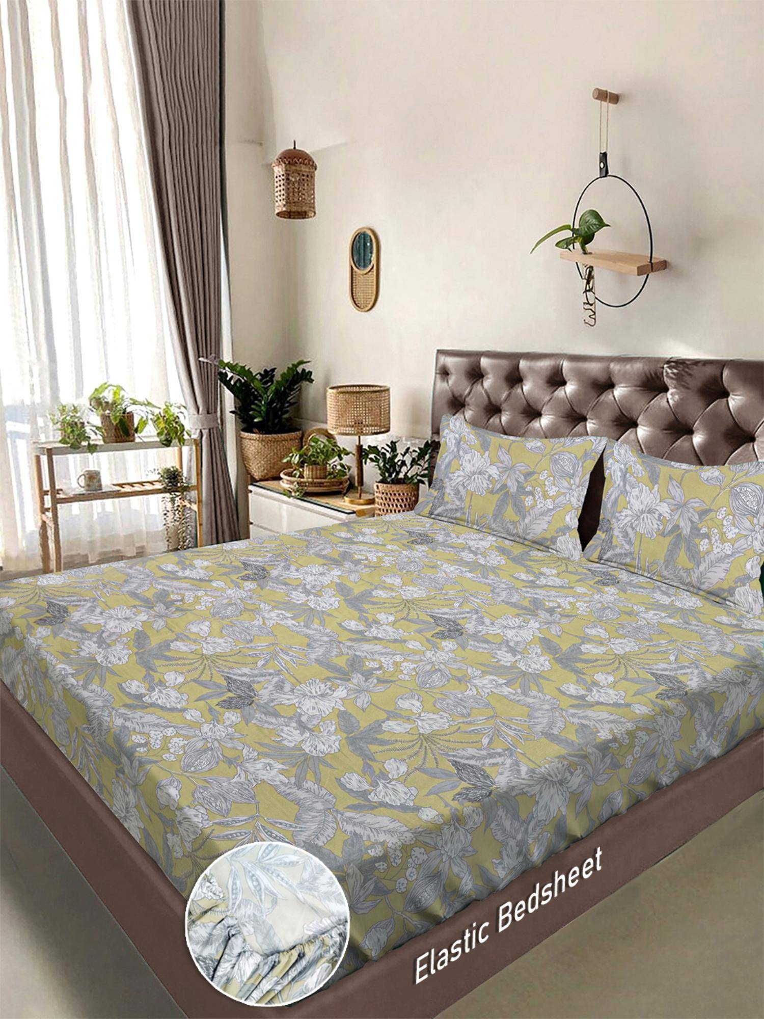 FABINALIV Green Floral Cotton Blend Bedsheet with 2 Pillow Covers (Super King)