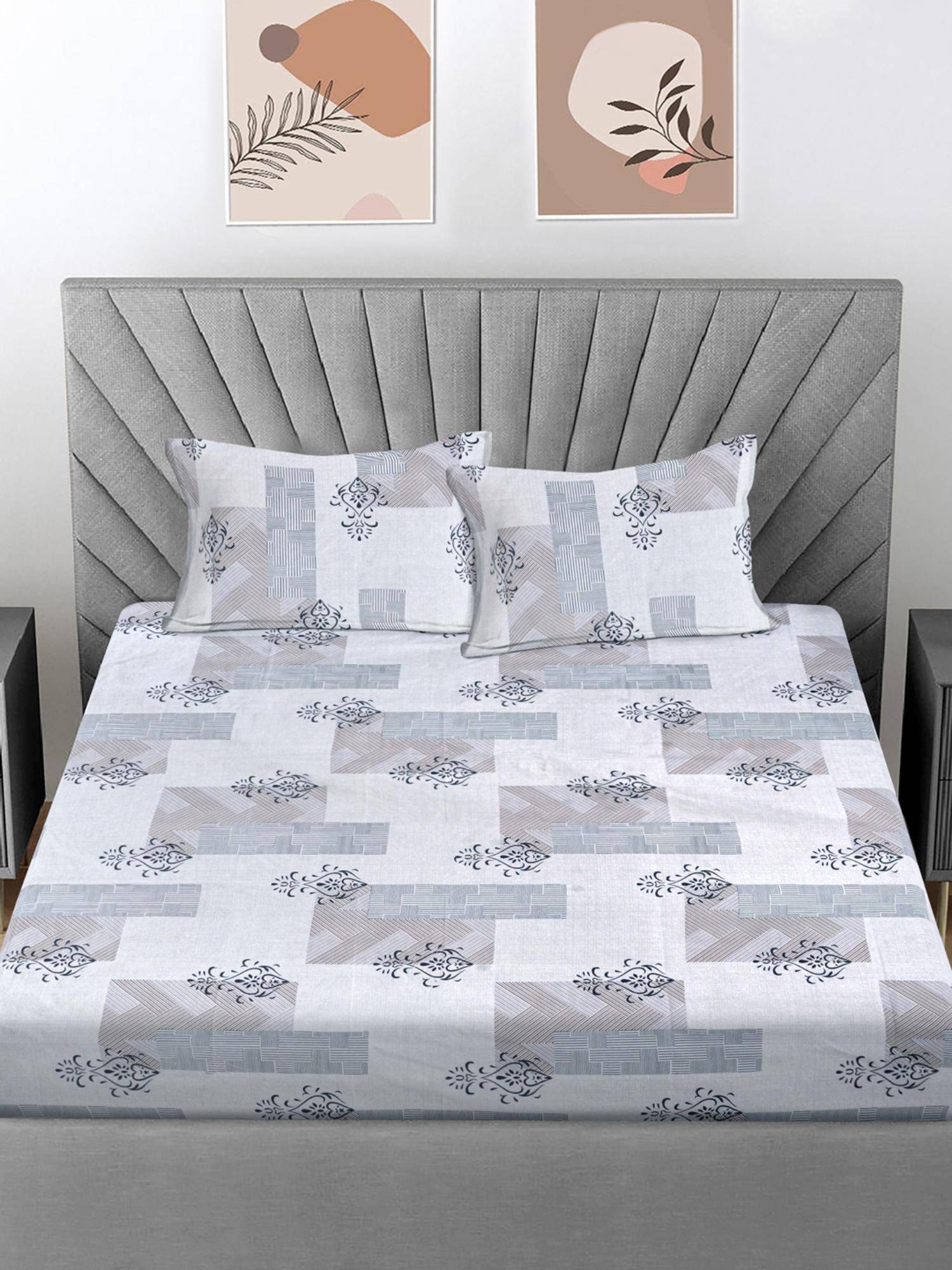 FABINALIV Grey Cotton Blend Bedsheet with 2 Pillow Covers (Super King)