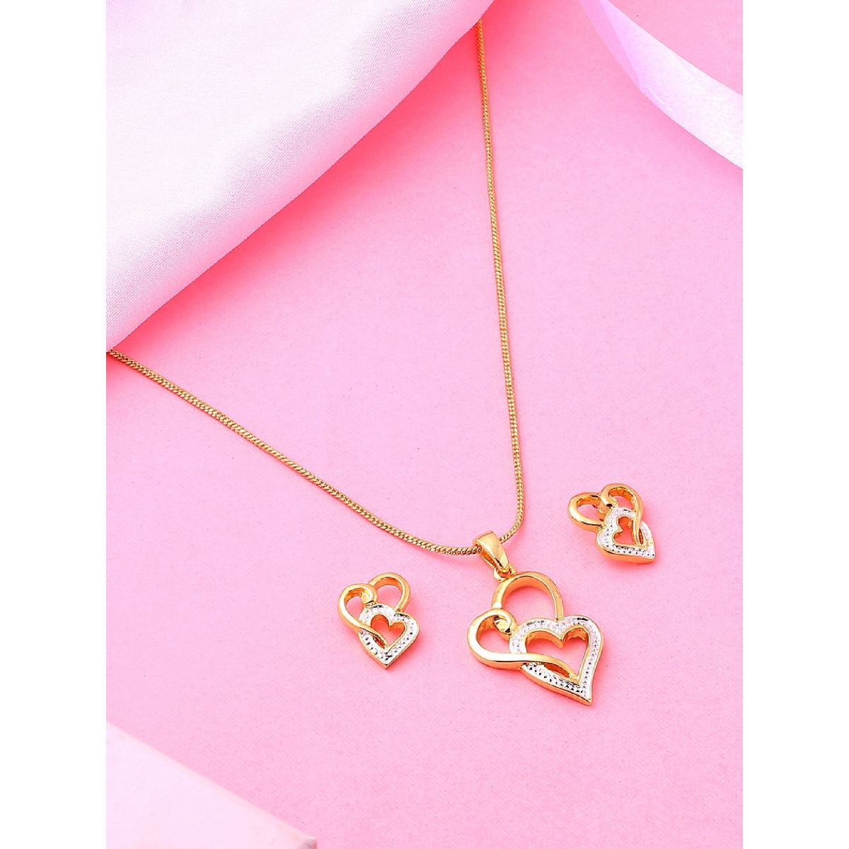 Buy Estele Gold Rhodium Plated Heart Shaped Lock Pendant with Crystals for Women Set of 2 Online