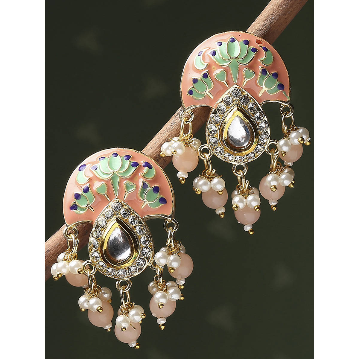 OOMPH Meenakari Ethnic Drop Earrings-Kundan & Beads Studded in Lotus Design