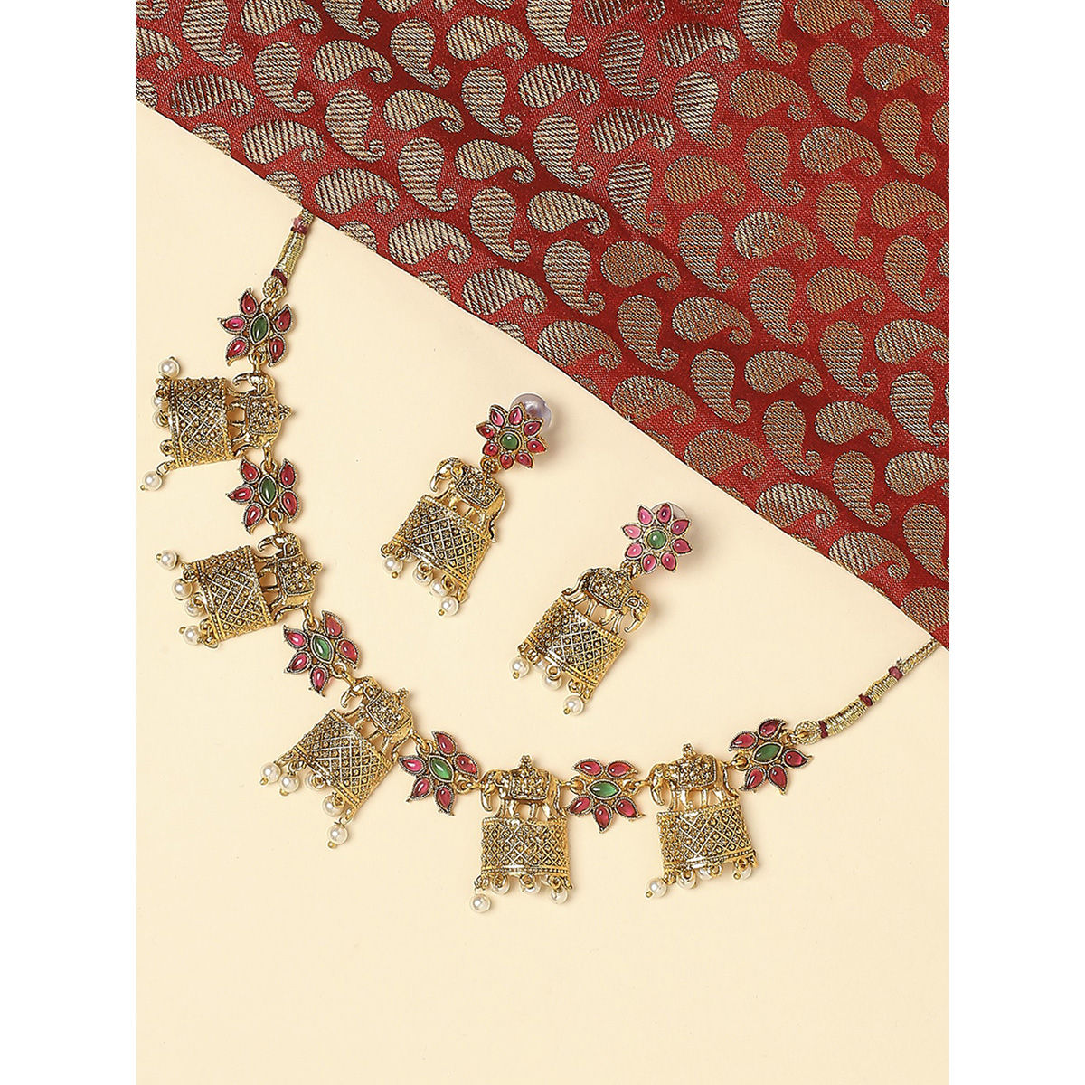 Buy OOMPH Red Green Kempu Stones Elephant Design Jewellery