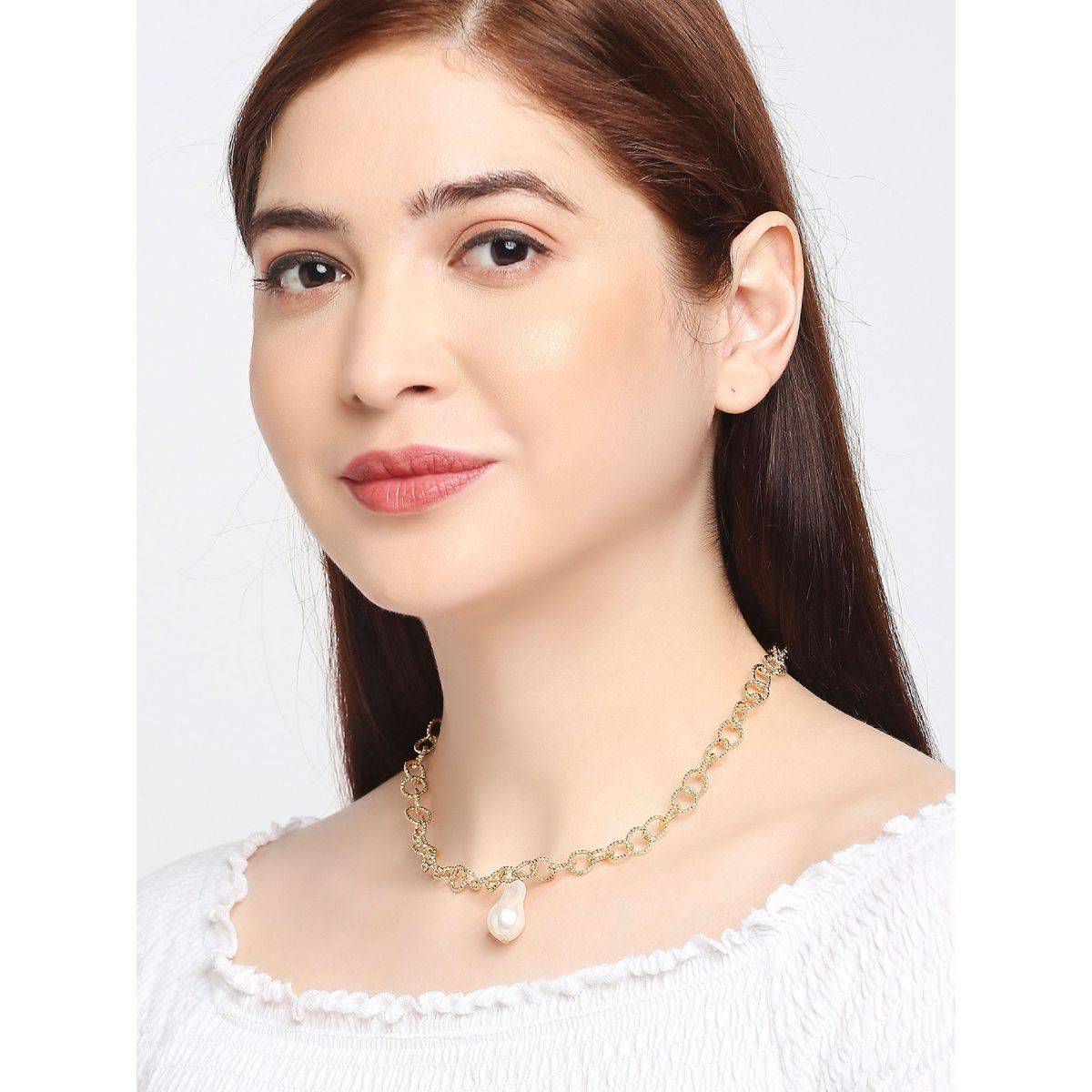 OOMPH Gold Tone Shimmer Link Chain with Baroque Pearls Choker Necklace