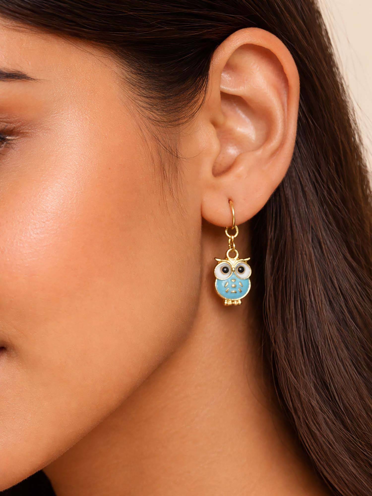 Digital Dress Room Gold Plated Blue Cute Enamel Drop Owl Mini Earrings