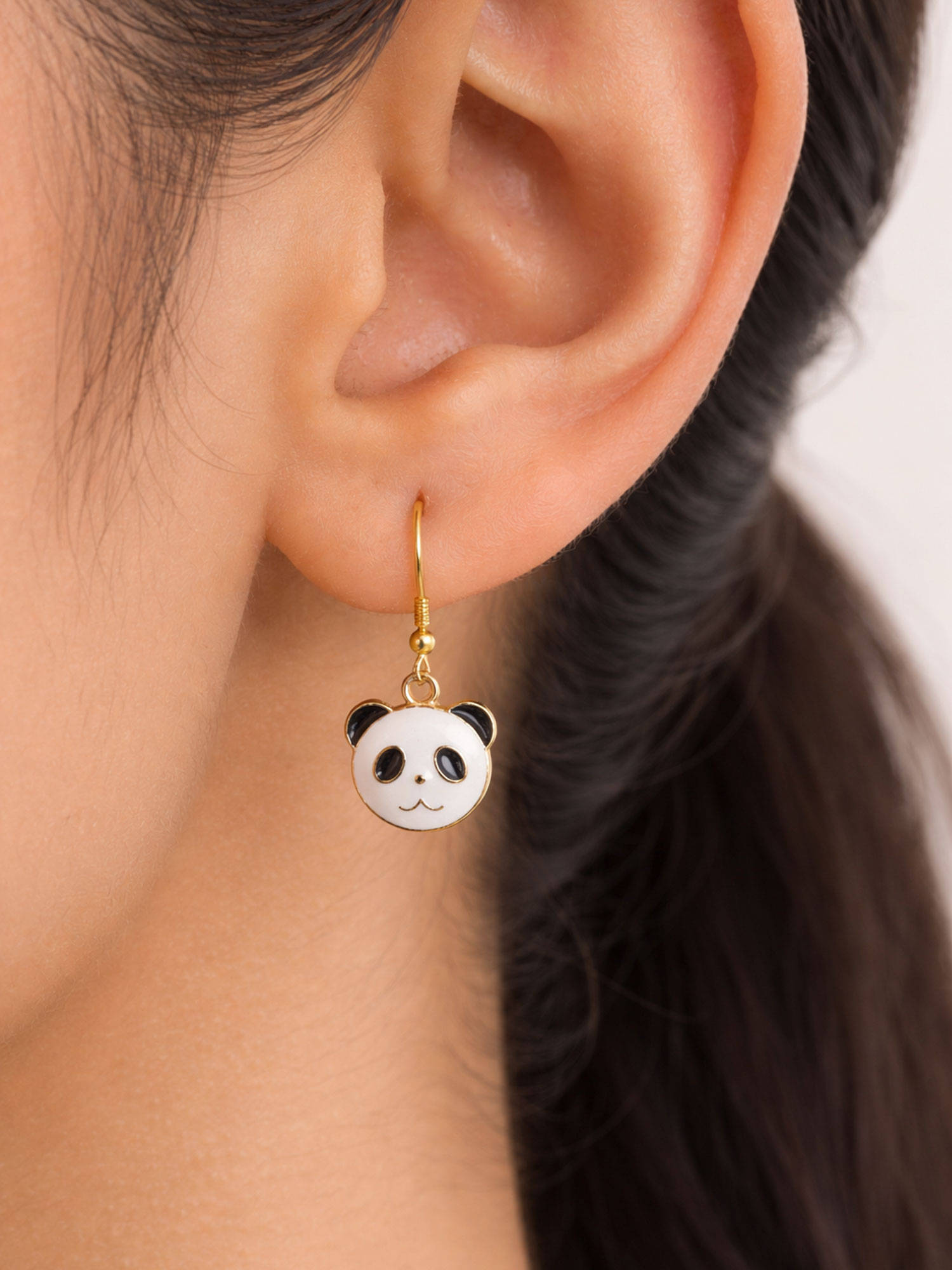 Digital Dress Room Gold Plated White Enamel Cute Panda Mini Earrings