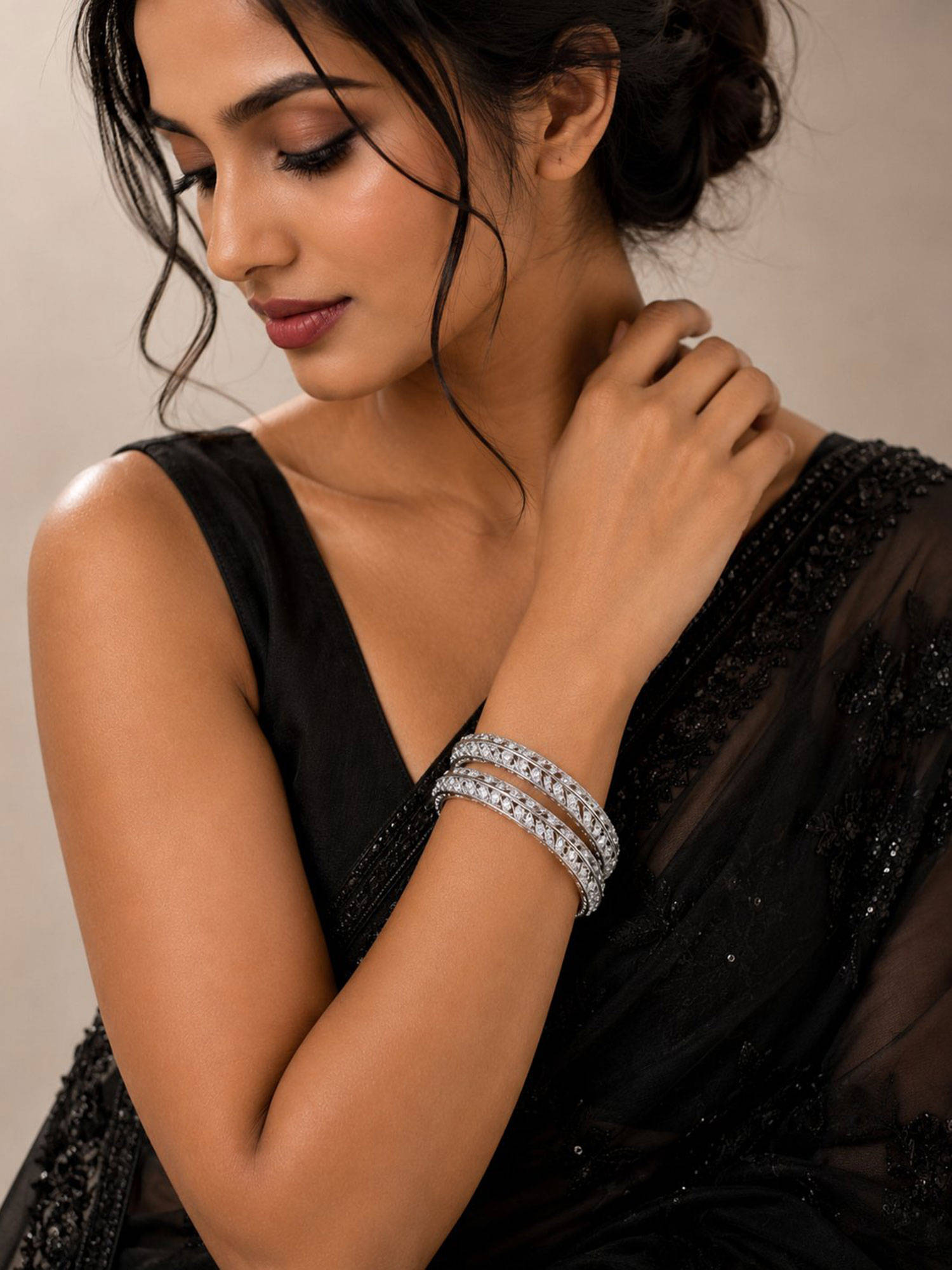 Designbox White American Diamond Silver Bangles (Pack of 2) (2.5)