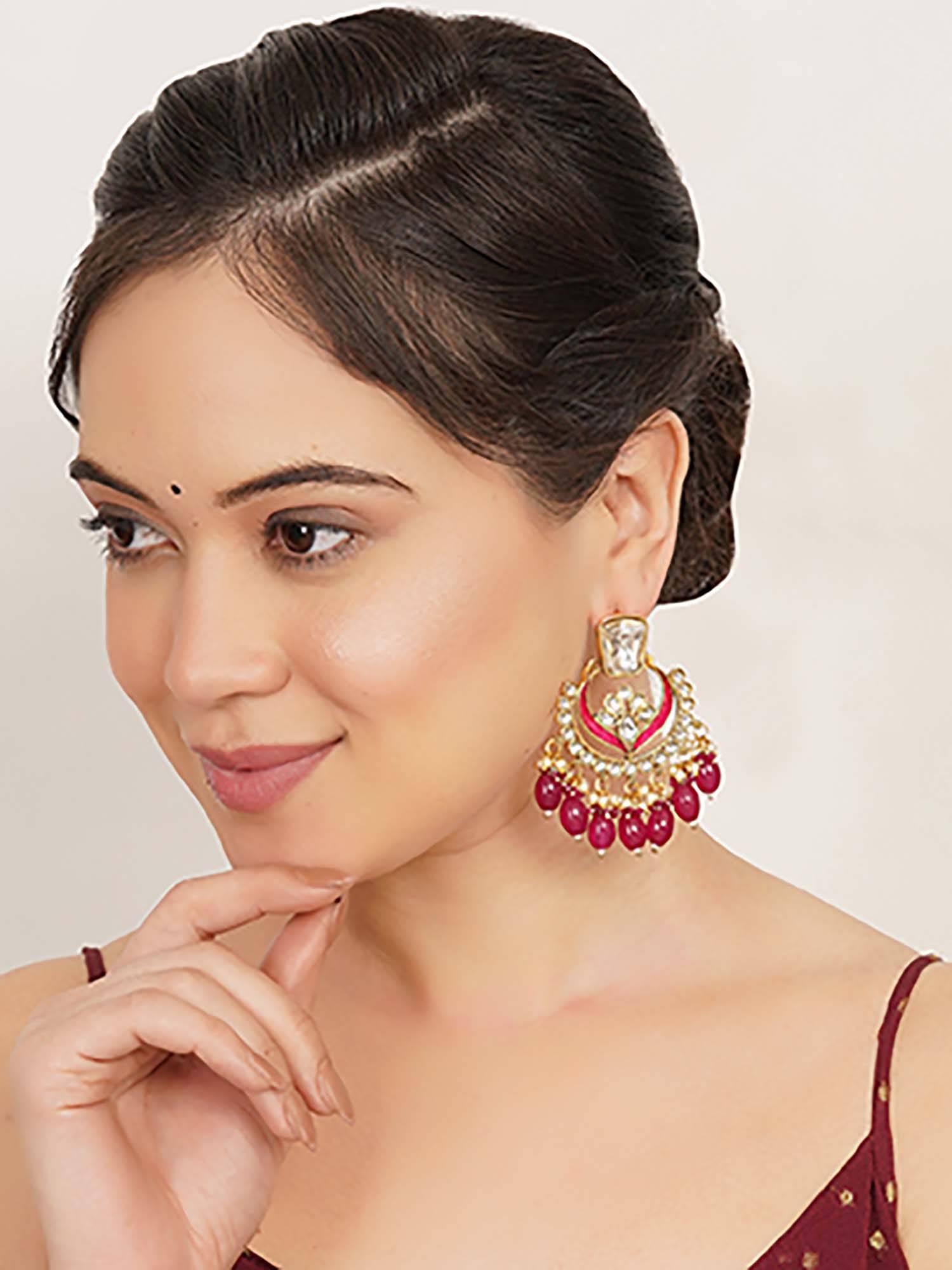 BeAbhika Pink Royal Kundan Meenakari Chandbali Earrings