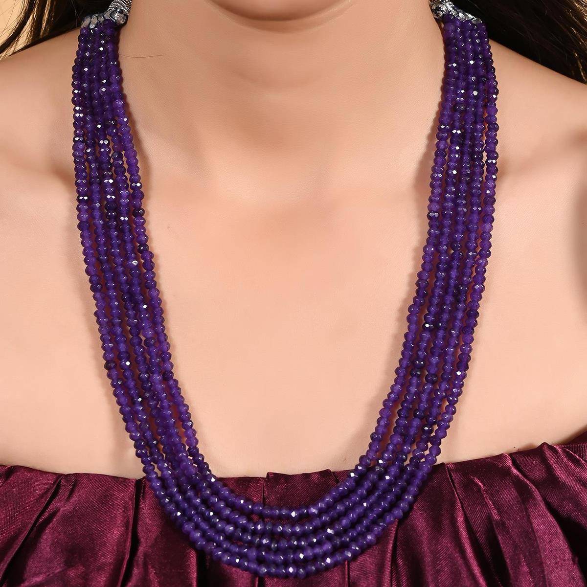 Ratnavali Jewels Five Layer Amethyst Quartz Stone Beads Necklace
