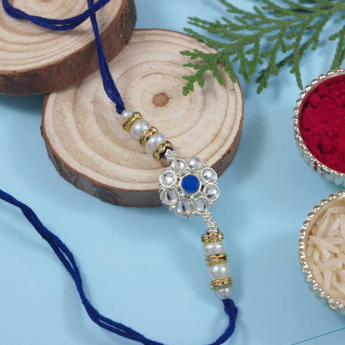 I Jewels Blue Designer Kundan Pearl Rakhi with Roli Chawal & Rakshabandhan Card