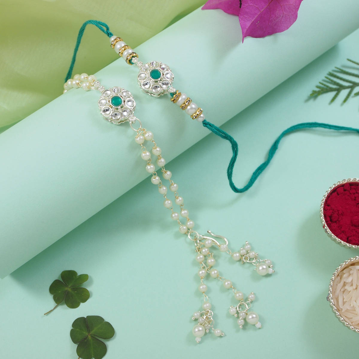 I Jewels Green Kundan Pearl Bhaiya Bhabhi Rakhi & Bracelet with Roli Chawal