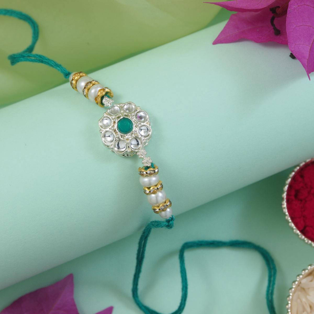 I Jewels Green Designer Kundan Pearl Rakhi with Roli Chawal & Rakshabandhan Card