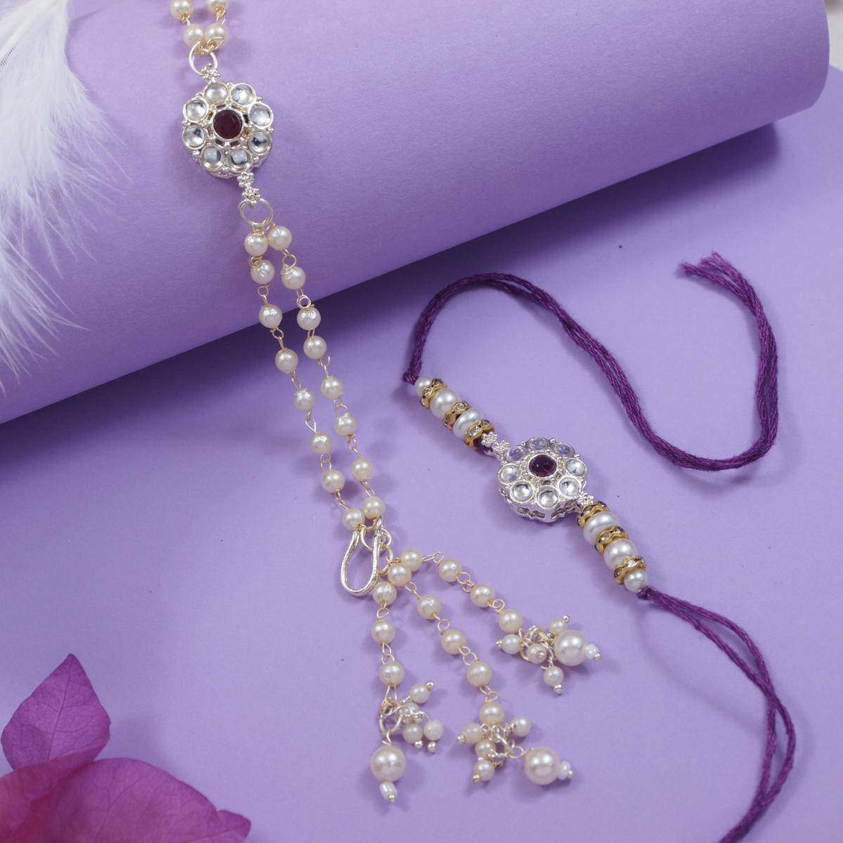 I Jewels Wine Kundan Pearl Bhaiya Bhabhi Rakhi, Bracelet with Roli Chawal & Greeting Card