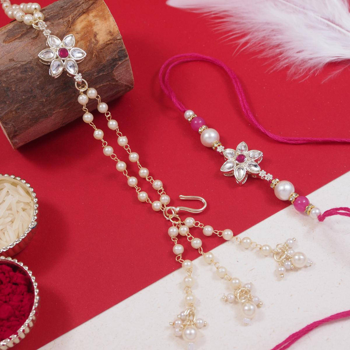 I Jewels Pink Kundan Pearl Bhaiya Bhabhi Rakhi, Bracelet with Roli Chawal & Greeting Card