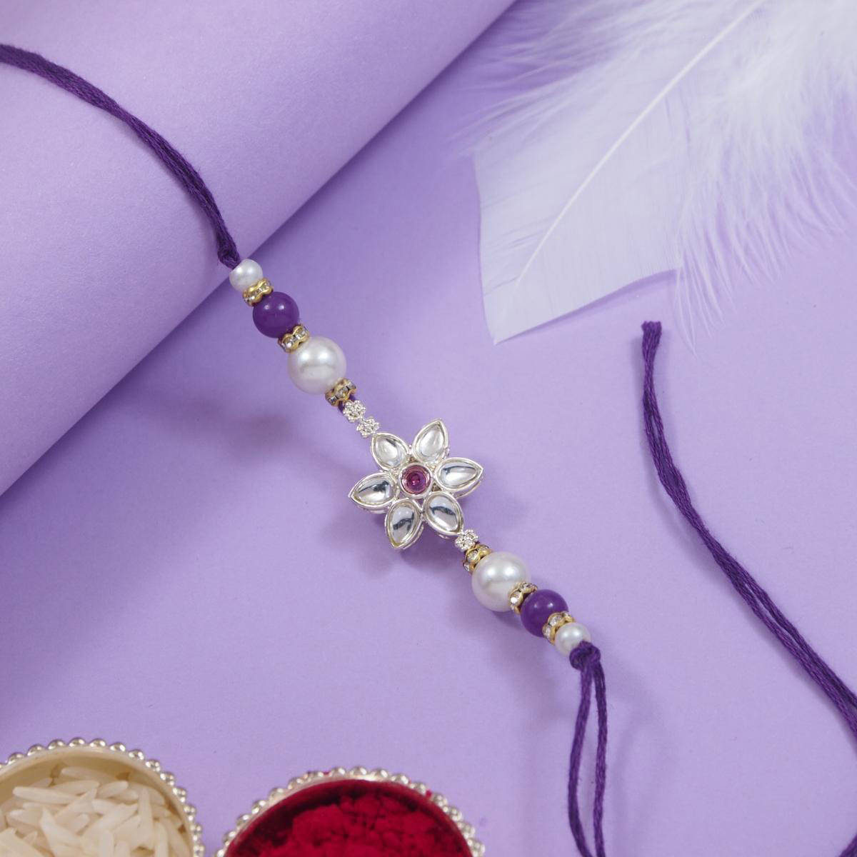 I Jewels Wine Designer Kundan Pearl Bhaiya Rakhi with Roli Chawal & Rakshabandhan Card