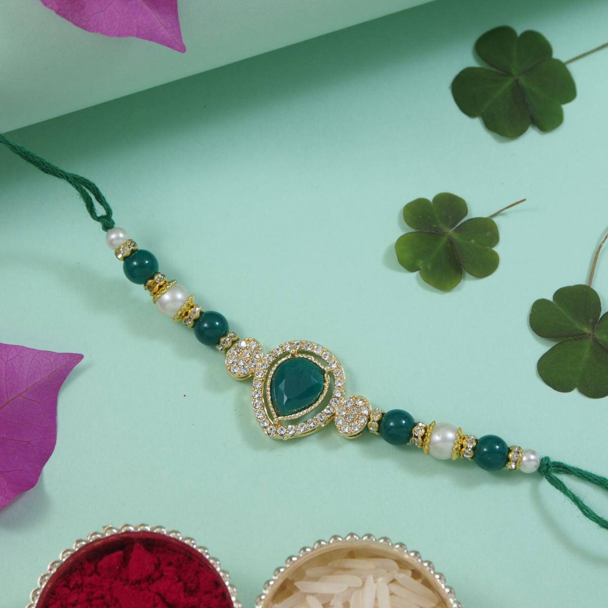 I Jewels Green Designer Kundan Pearl Bhaiya Rakhi with Roli Chawal with Rakshabandhan Card