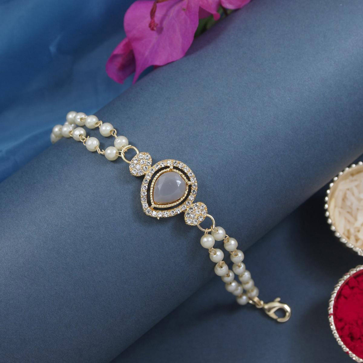 I Jewels Grey Drop Shaped Kundan & Pearl Bracelet Rakhi with Roli Chawal