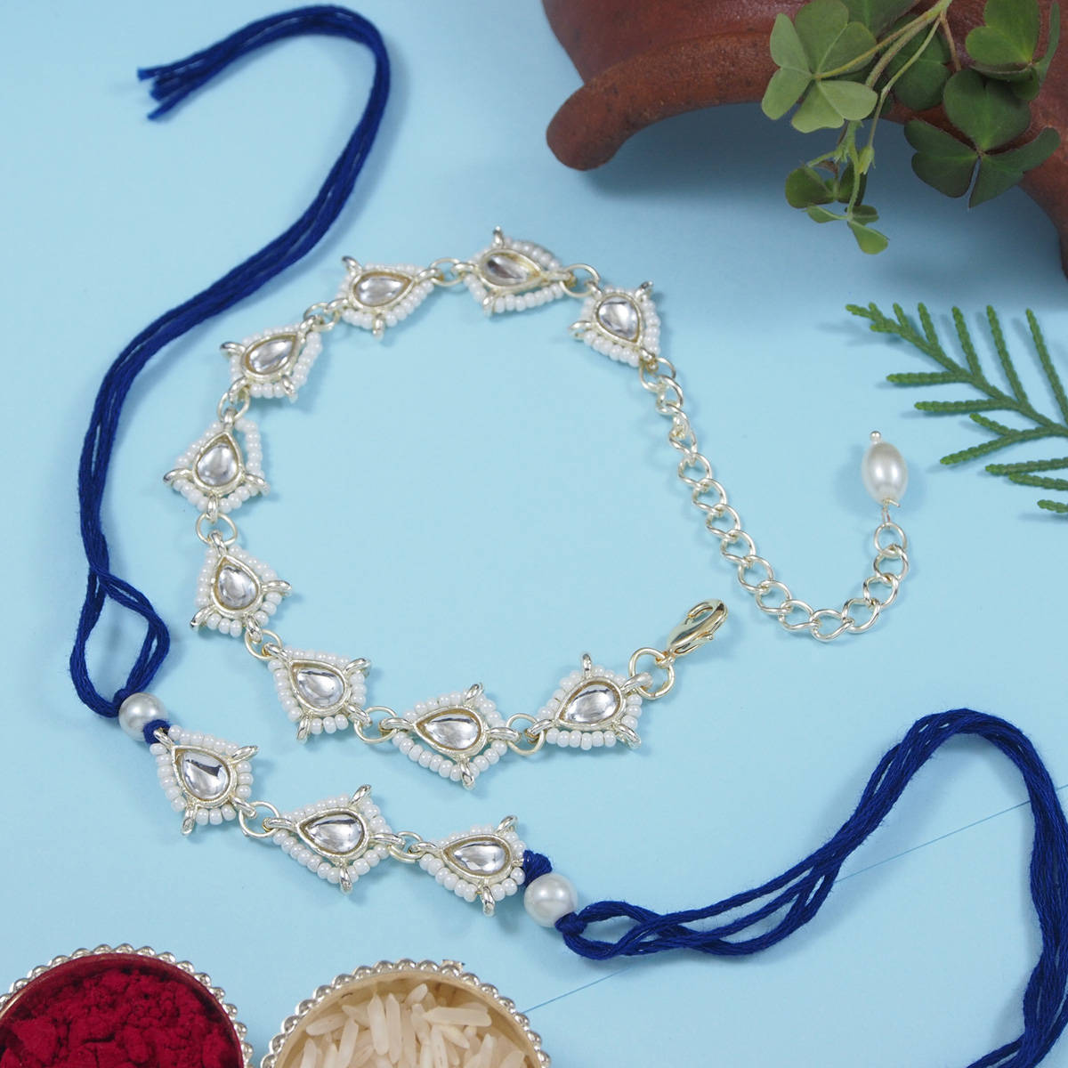 I Jewels Blue Kundan Pearl Bhaiya Bhabhi Rakhi & Bracelet with Roli Chawal