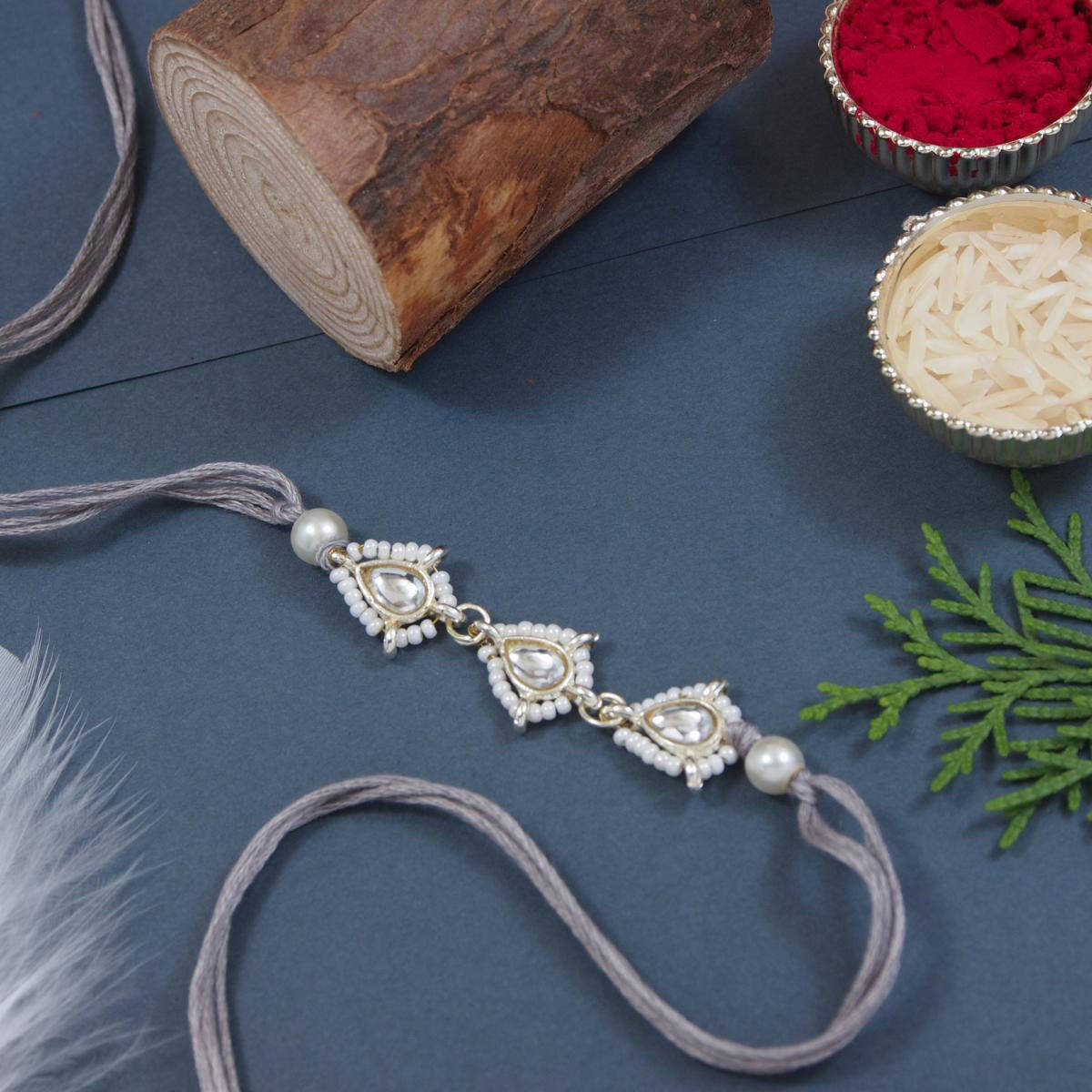 I Jewels Grey Designer Kundan Pearl Bhaiya Rakhi with Roli Chawal & Rakshabandhan Card