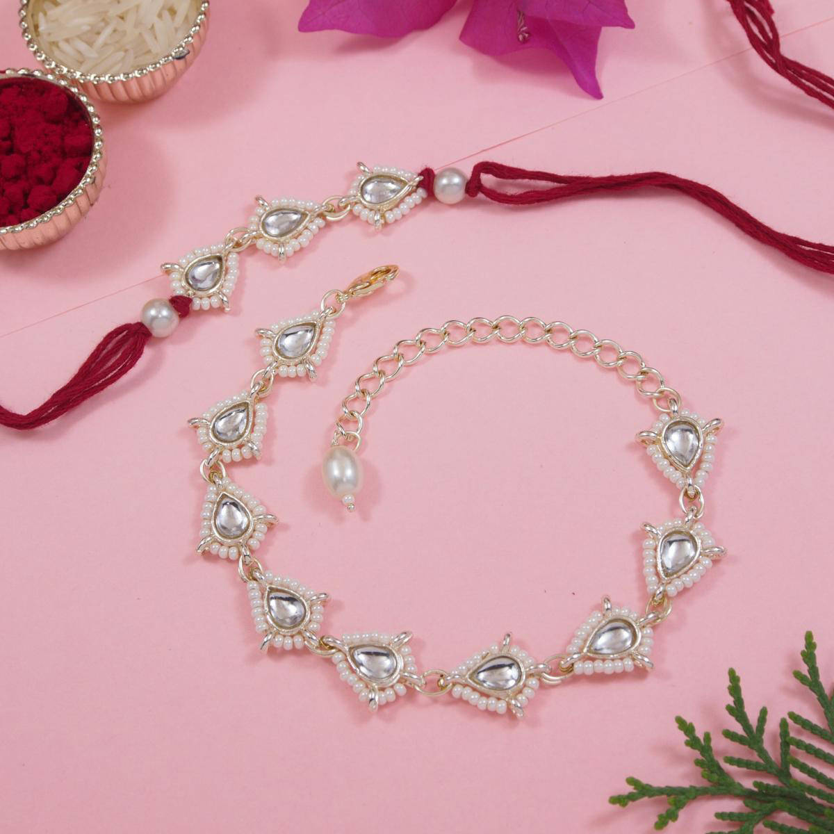 I Jewels Maroon Kundan Pearl Bhaiya Bhabhi Rakhi, Bracelet with Roli Chawal & Greeting Card
